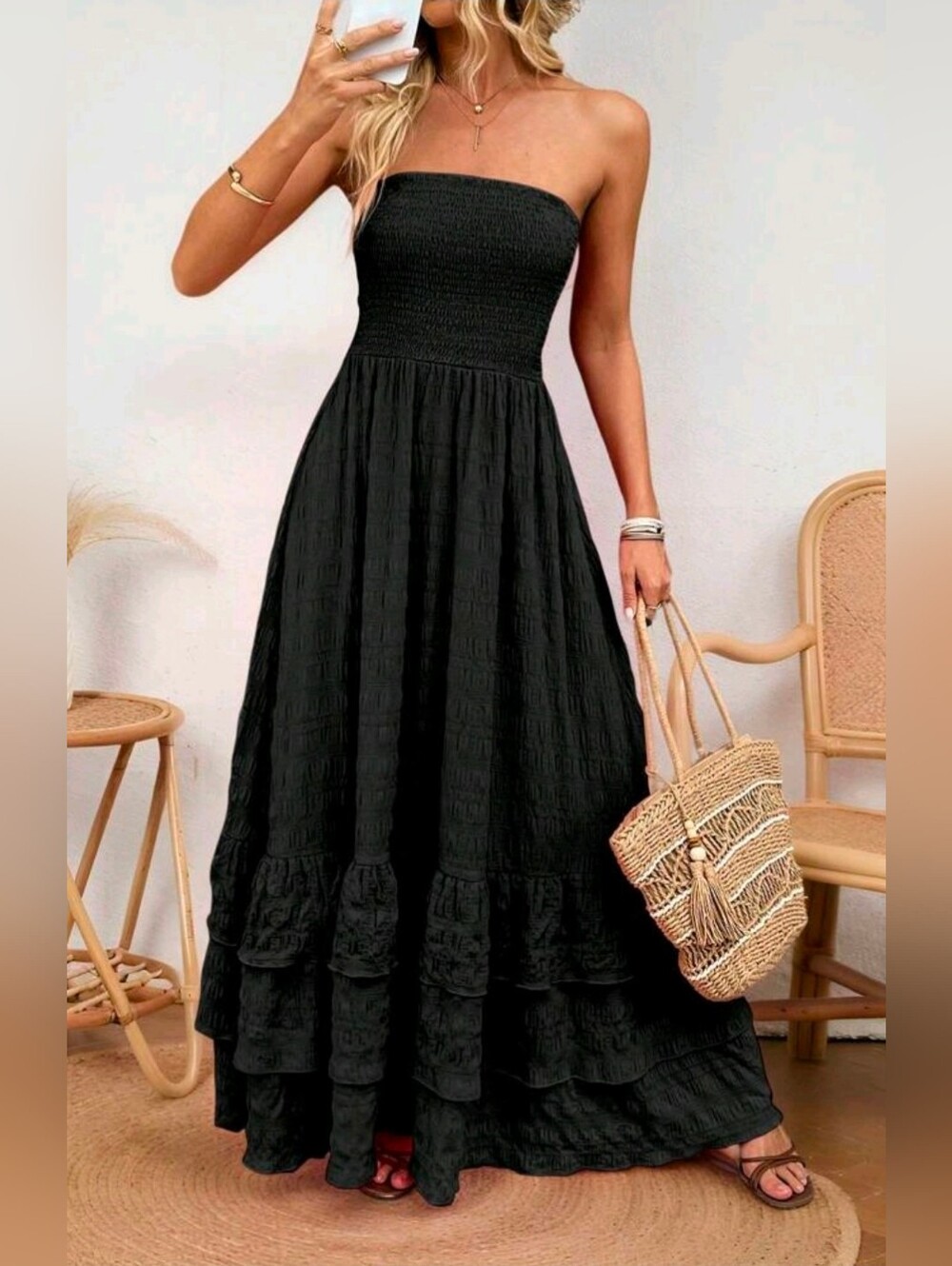 New Strapless Smocked Tiered Ruffle Maxi Dress Black - Picture 7 of 9